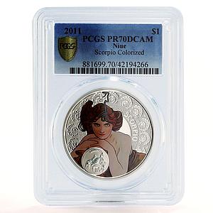 Niue 1 dollar A. Mucha Zodiac Signs series Scorpio PR70 PCGS silver coin 2011