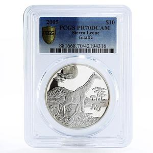 Sierra Leone 10 dollars Endangered Wildlife Giraffe PR70 PCGS silver coin 2005