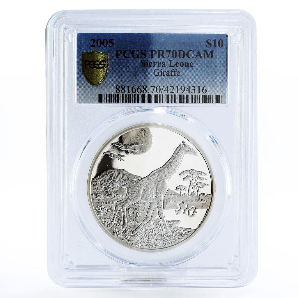 Sierra Leone 10 dollars Endangered Wildlife Giraffe PR70 PCGS silver coin 2005