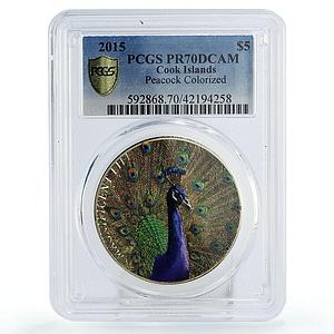 Cook Islands 5 dollars Wildlife Peacock Bird Fauna PR70 PCGS silver coin 2015