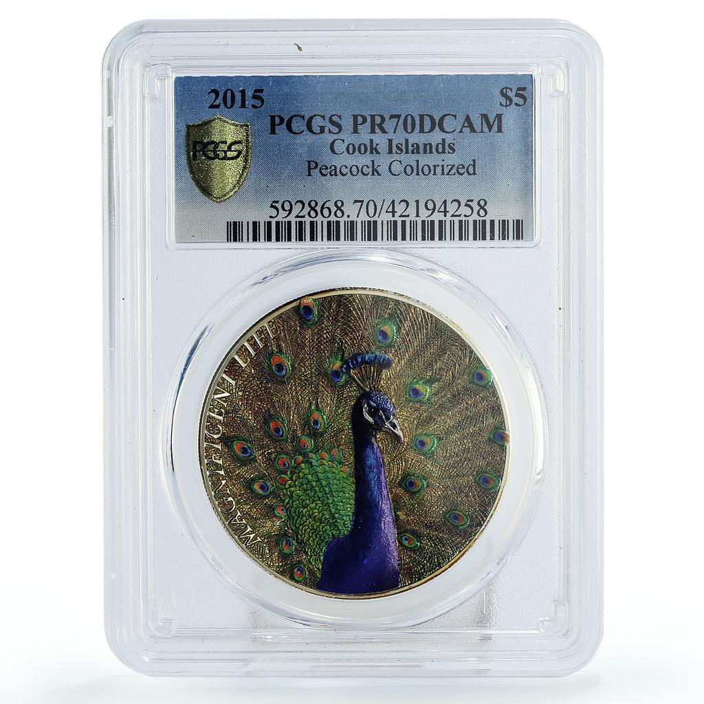 Cook Islands 5 dollars Wildlife Peacock Bird Fauna PR70 PCGS silver coin 2015