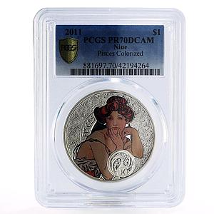 Niue 1 dollar Zodiac Pisces Alphonse Mucha PR70 PCGS colored silver coin 2011