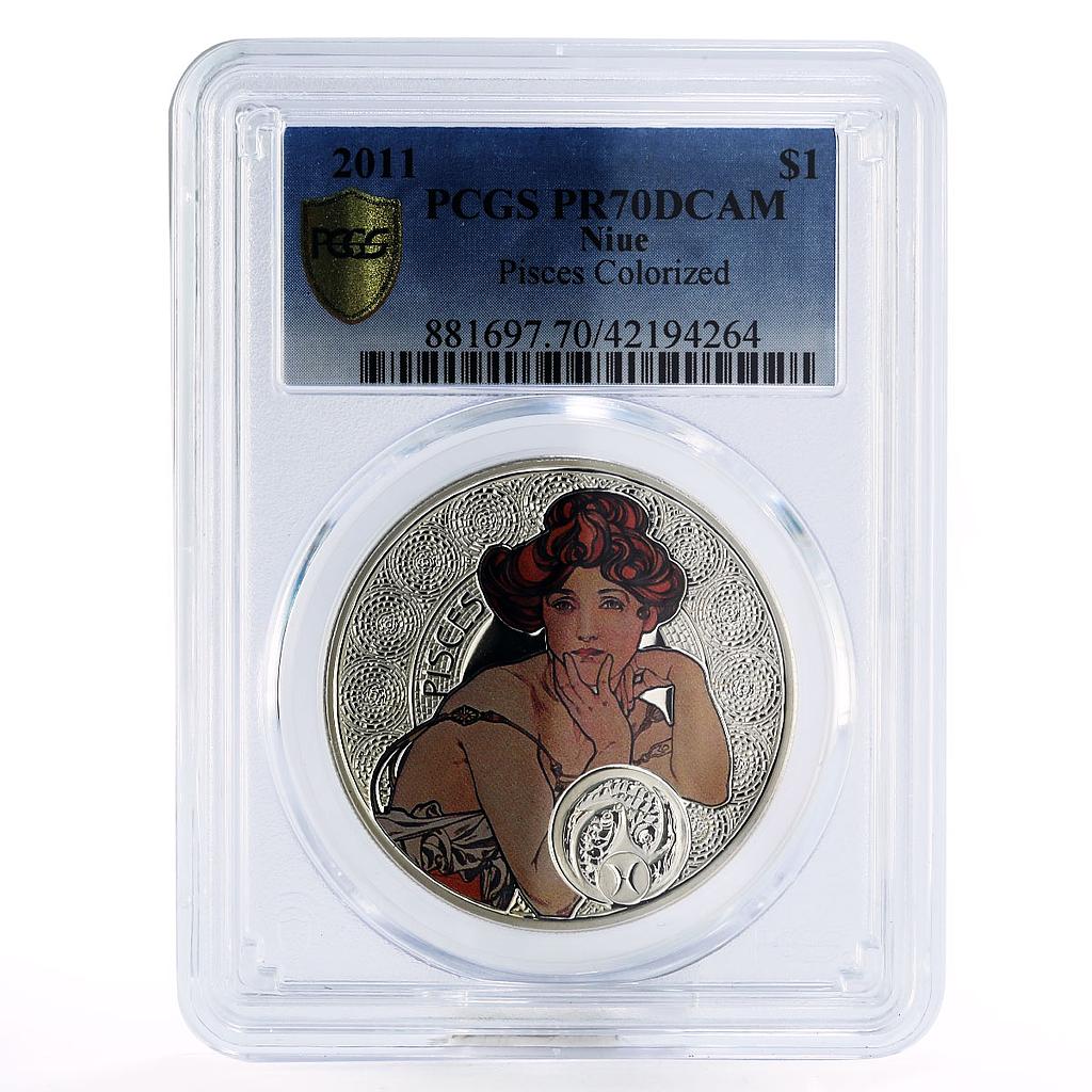 Niue 1 dollar Zodiac Pisces Alphonse Mucha PR70 PCGS colored silver coin 2011