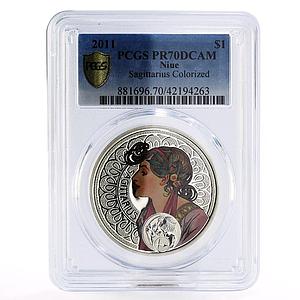 Niue 1 $ Alphonse Mucha Zodiac series Sagittarius PR70 PCGS silver coin 2011
