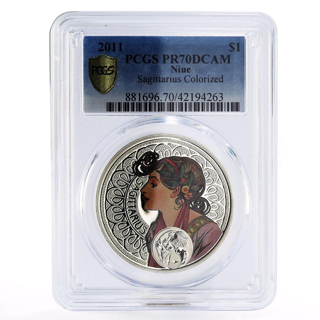 Niue 1 $ Alphonse Mucha Zodiac series Sagittarius PR70 PCGS silver coin 2011