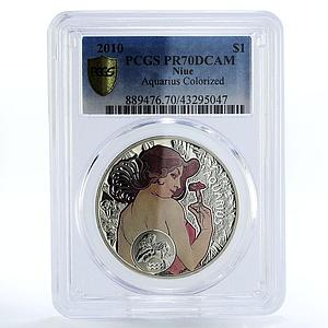 Niue 1 dollar Alphonse Mucha Zodiac Series Aquarius PR70 PCGS silver coin 2010