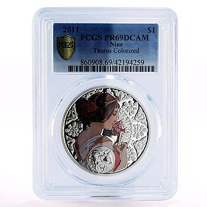 Niue 1 dollar A. Mucha Zodiac Signs series Taurus PR69 PCGS silver coin 2011