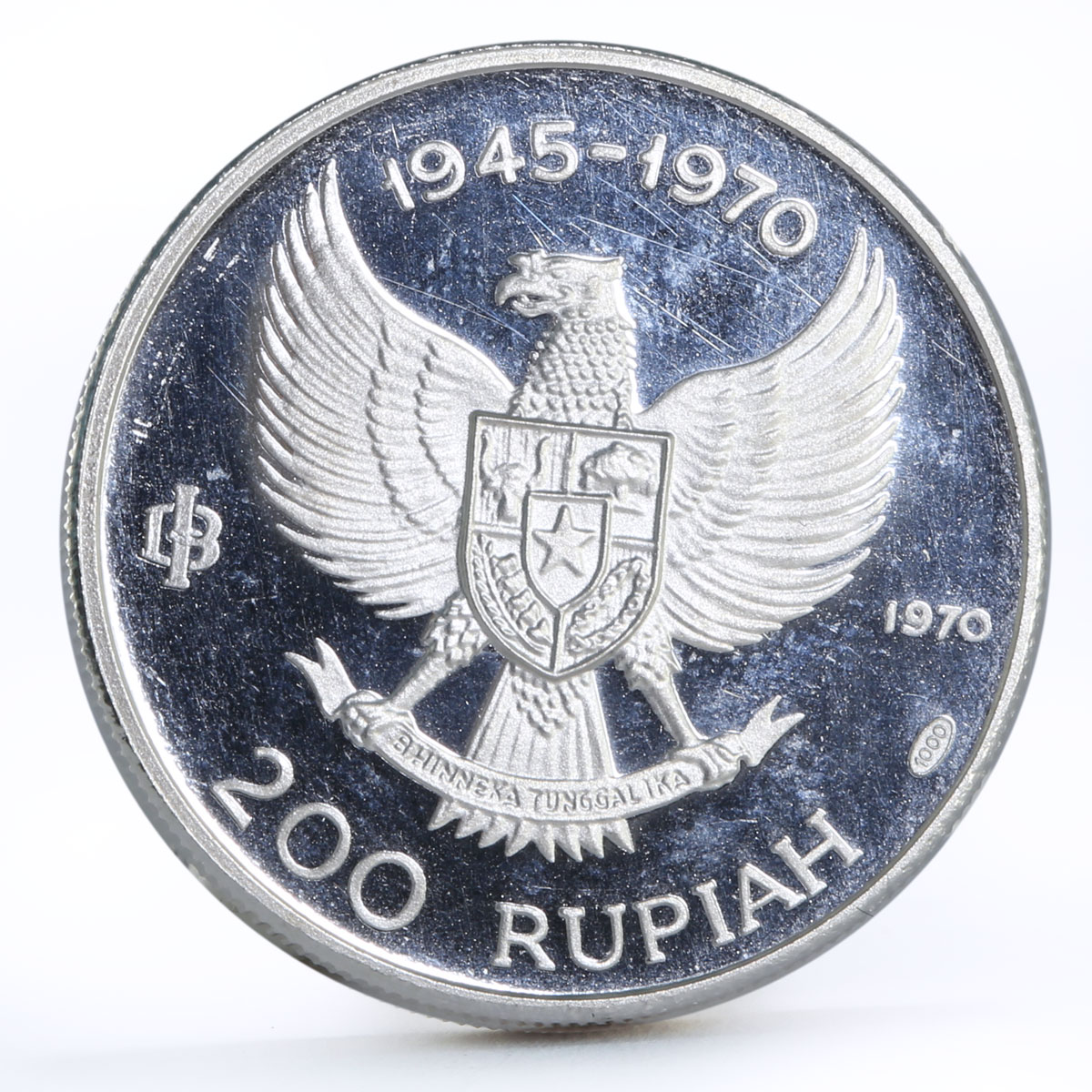 Indonesia 200 rupiah 25th Anniversary Independence Great Bird silver coin 1970