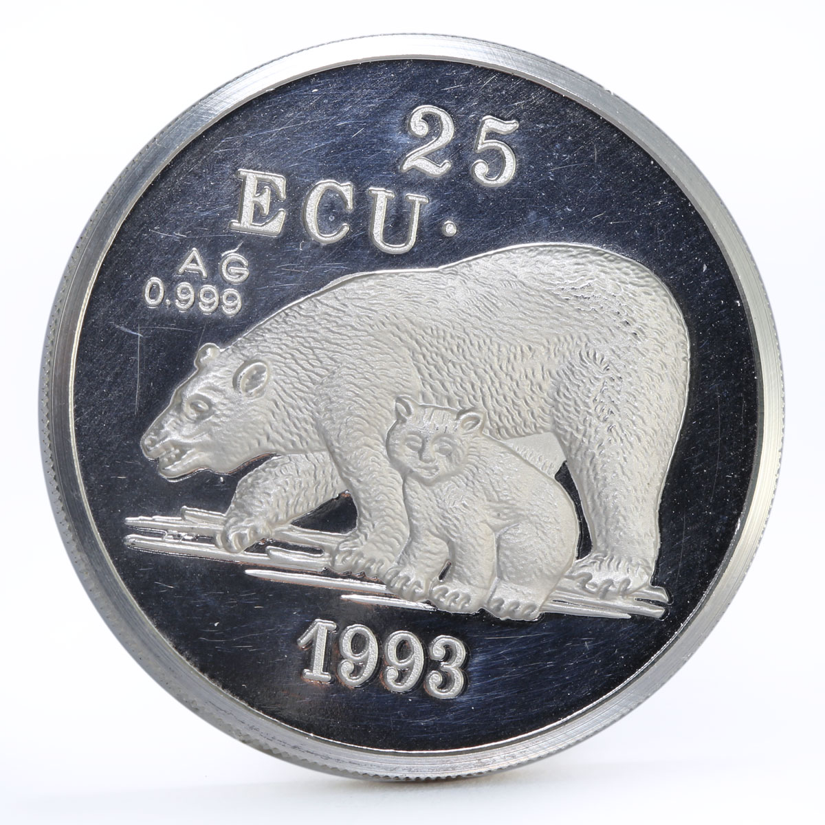 Denmark Greenland 25 ecu World Wildlife Fund series Polar Bear silver coin 1993