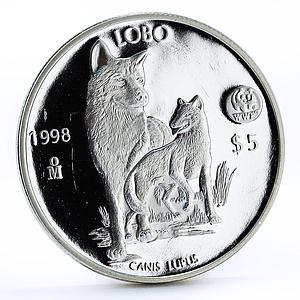 Mexico 5 pesos World Wildlife Fund Wolf Lobo proof silver coin 1998