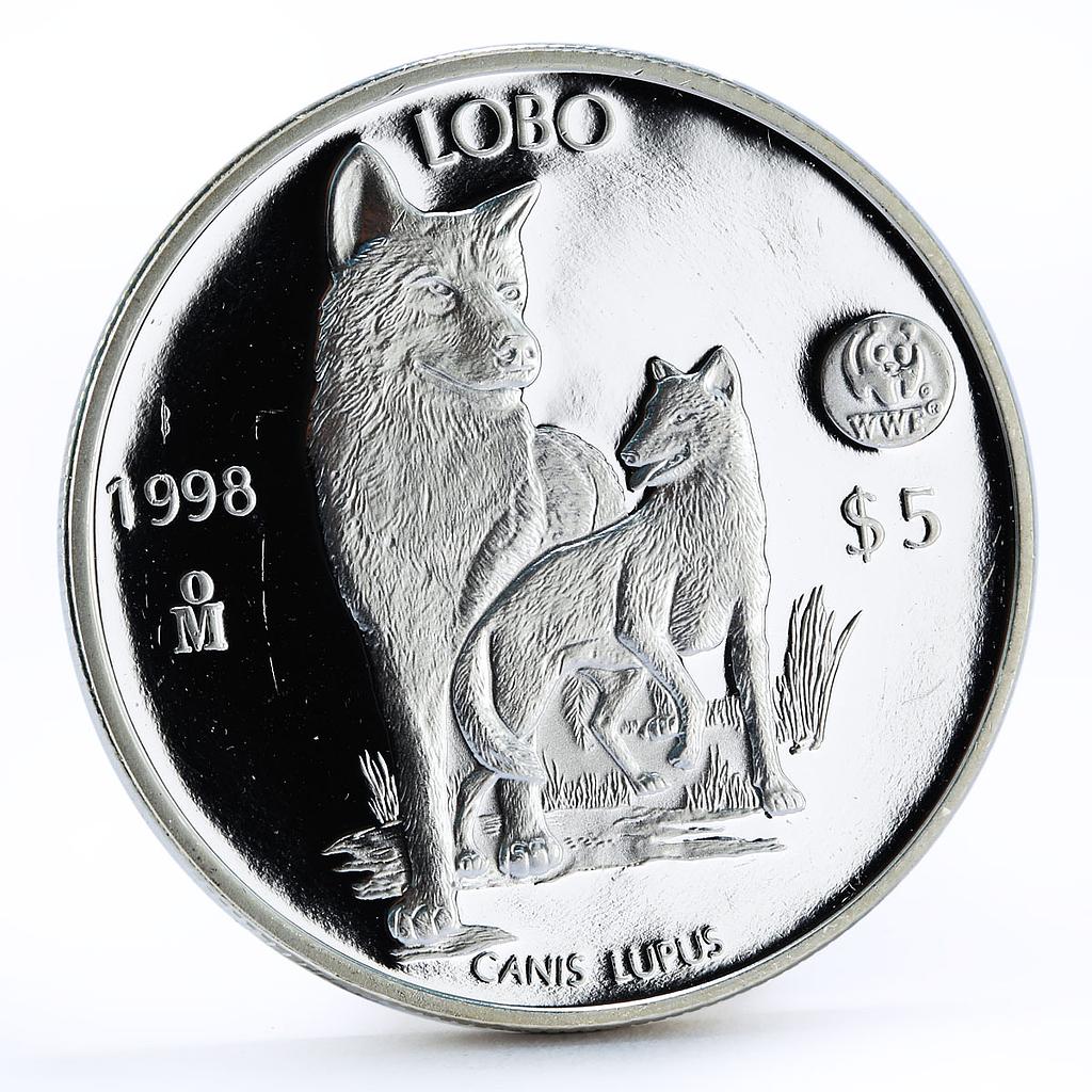 Mexico 5 pesos World Wildlife Fund Wolf Lobo proof silver coin 1998