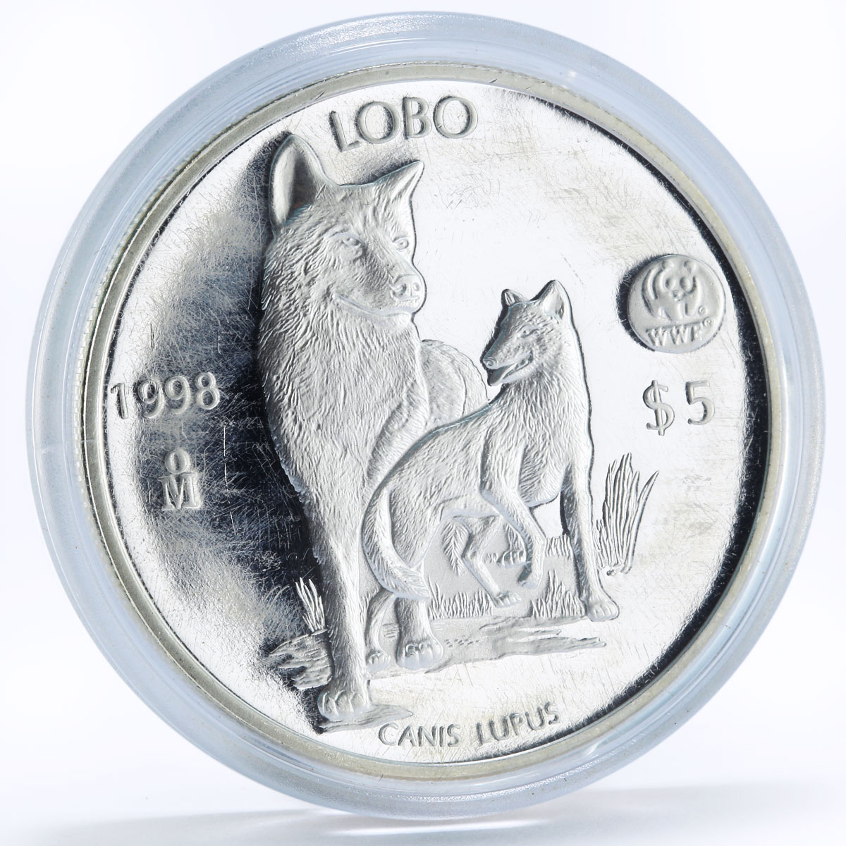 Mexico 5 pesos World Wildlife Fund Wolf Lobo proof silver coin 1998