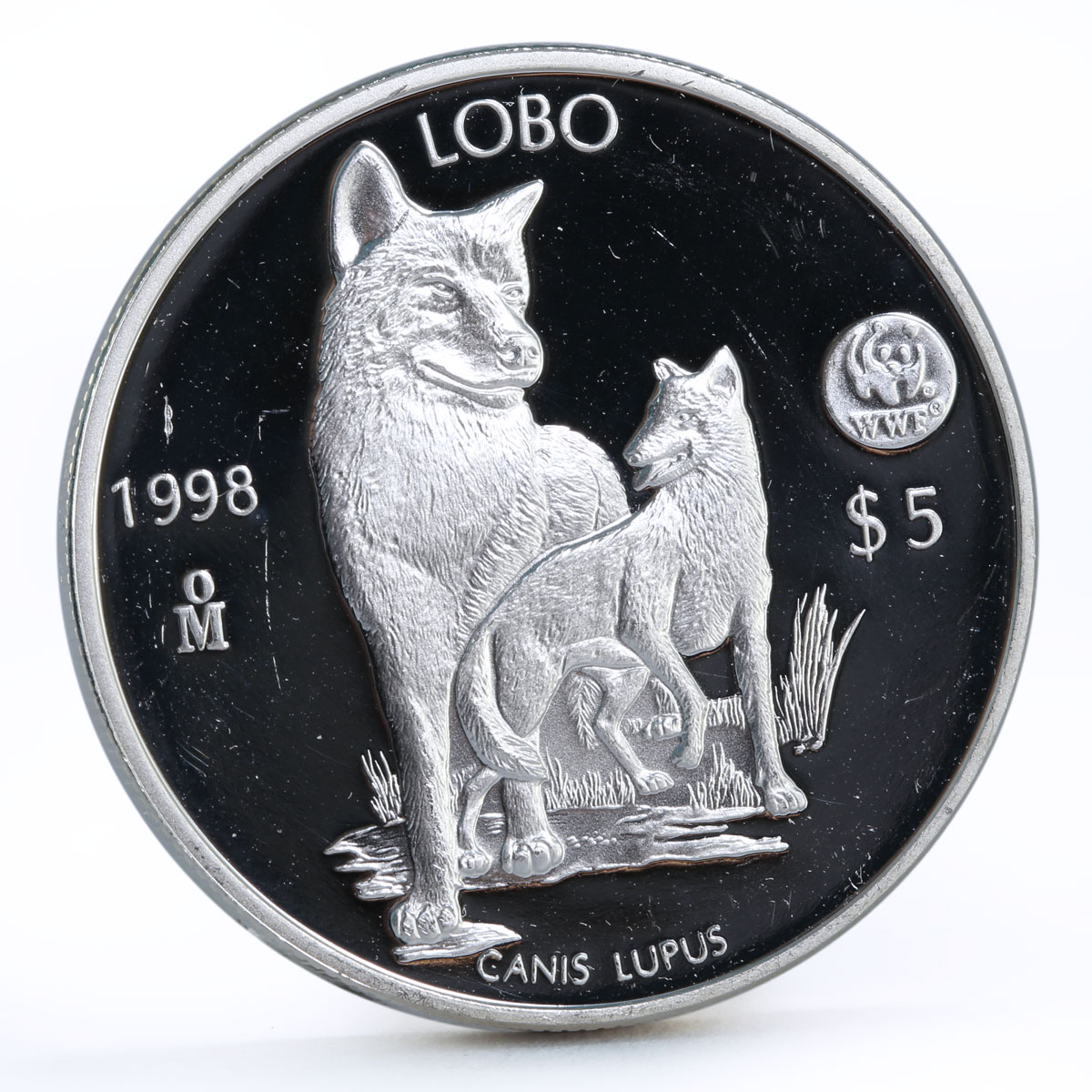 Mexico 5 pesos World Wildlife Fund Wolf Lobo proof silver coin 1998