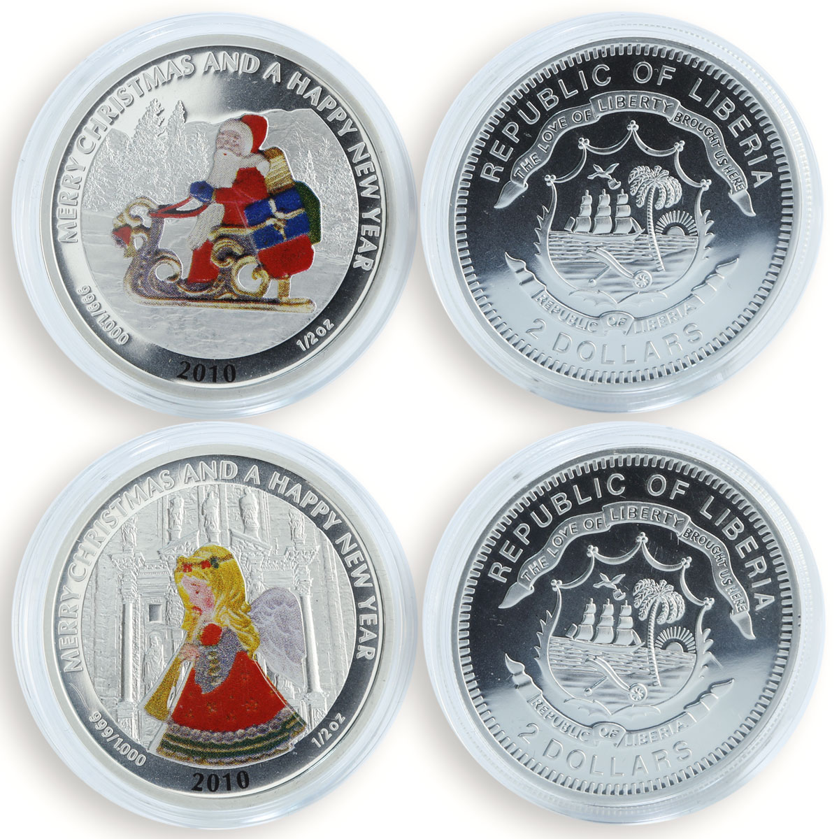 Liberia set of 6 coins Christmas &amp; New Year santa silver 1/2 oz coin 2010