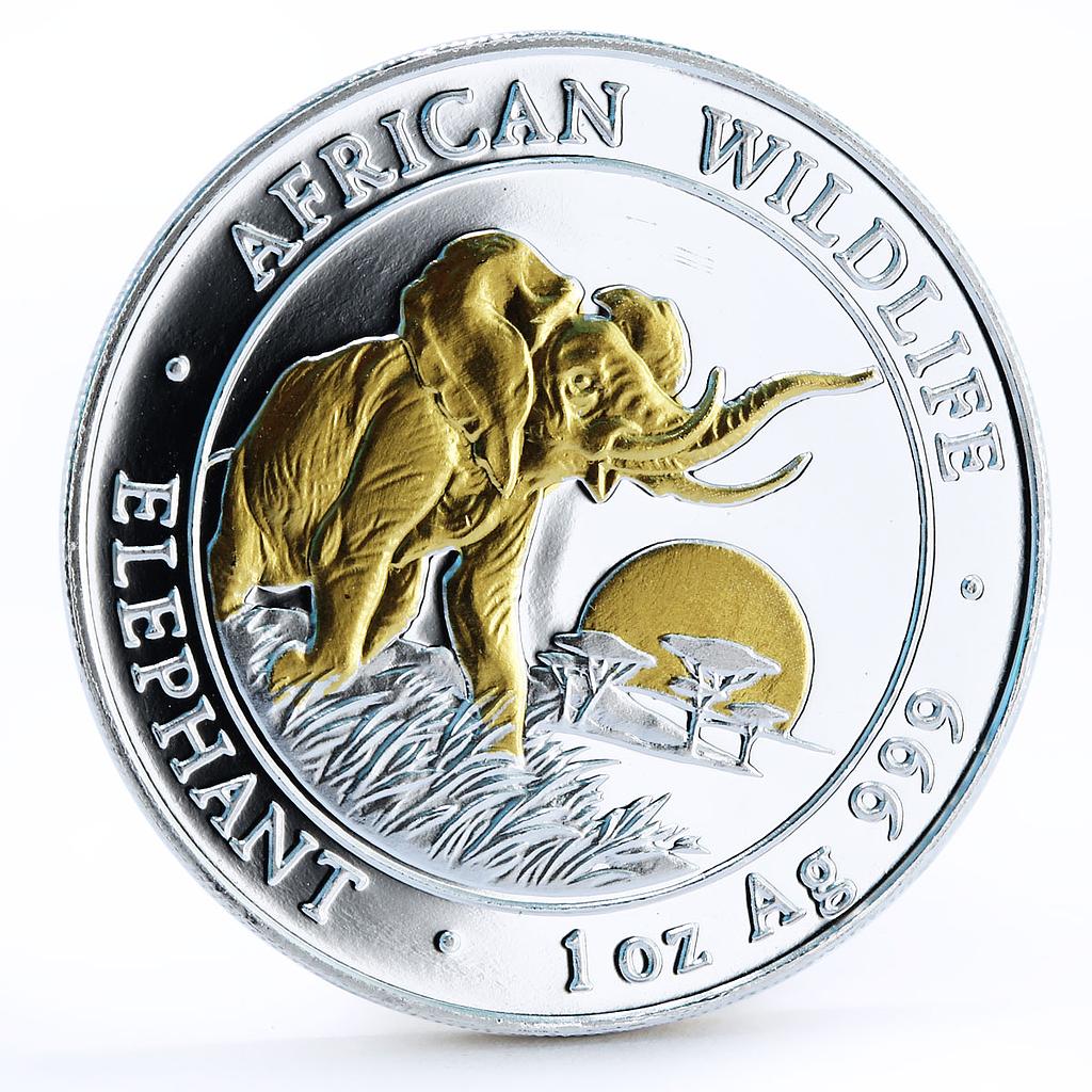 Somali 100 shillings African Wildlife series Elephant gilded silver coin 2009