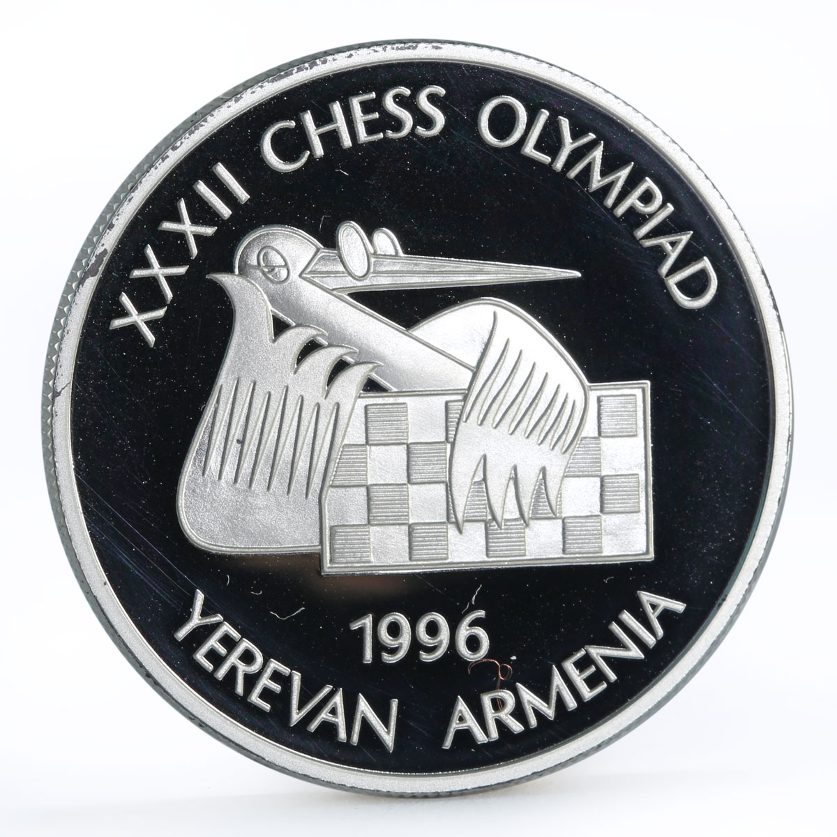 Armenia 100 dram 32th Chess Olympiad in Yerevan Bird Board silver coin 1996