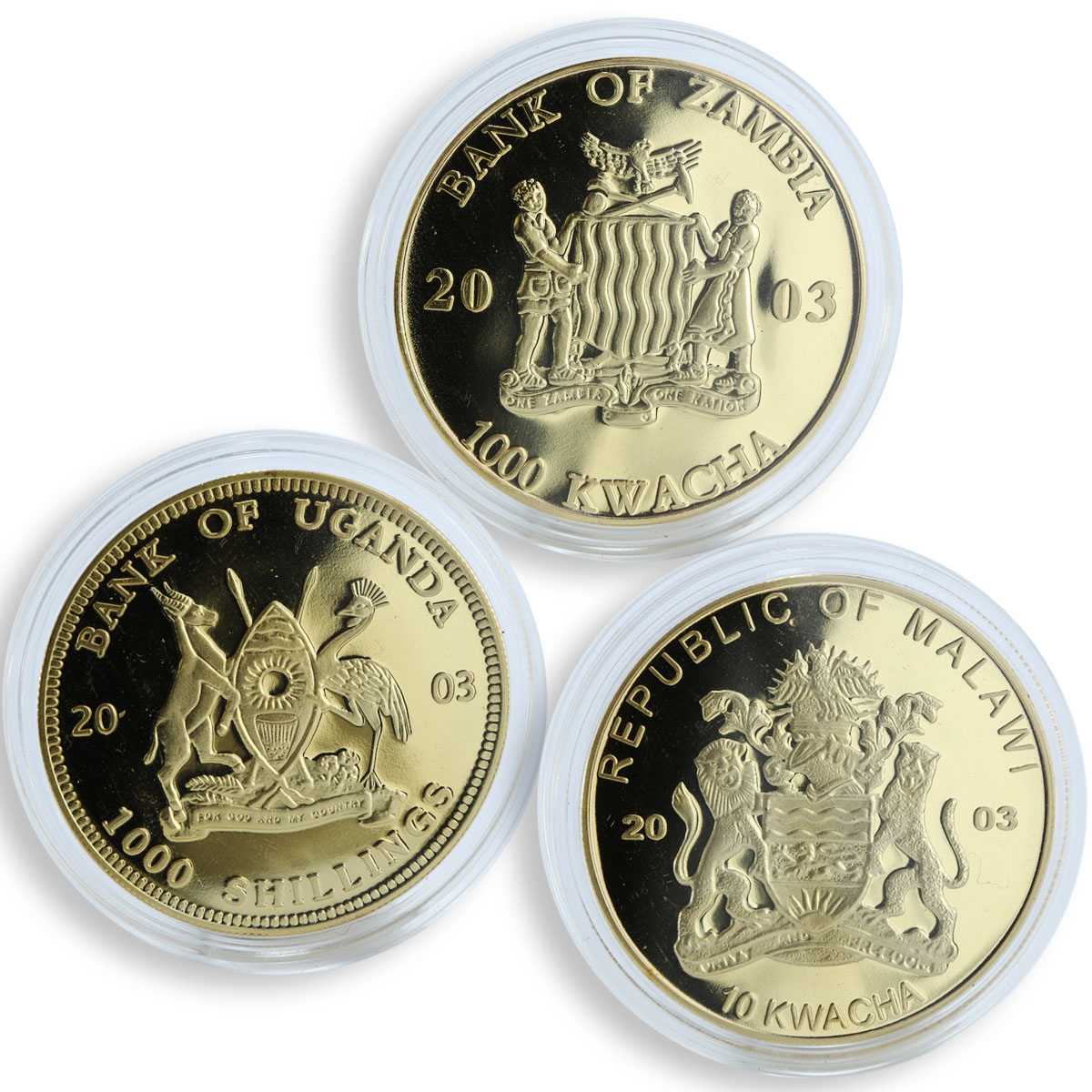 Malawi Zambia Uganda set of 3 coins Pope John Paul II gilded proof coins 2003