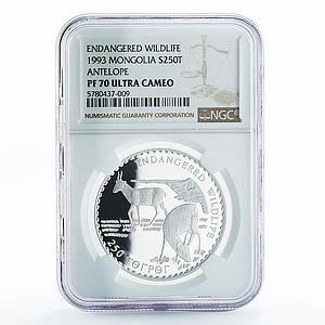 Mongolia 250 togrog Endangered Wildlife Antelopes PF70 NGC silver coin 1993