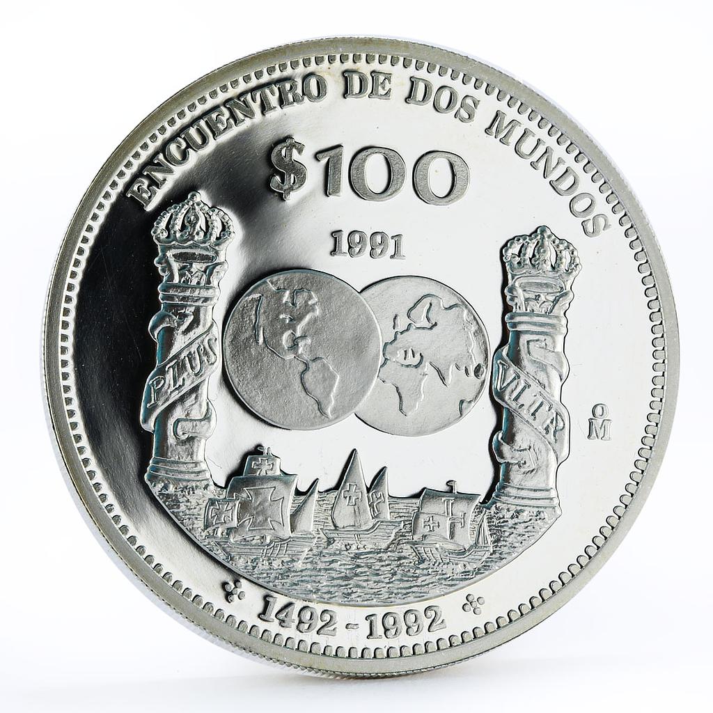 Mexico 100 pesos Ibero-American Encounter of Two Worlds Ships silver coin 1991