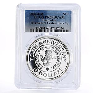 Barbados 10 dollars 10th Anniversary of Central Bank PR69 PCGS silver coin 1982