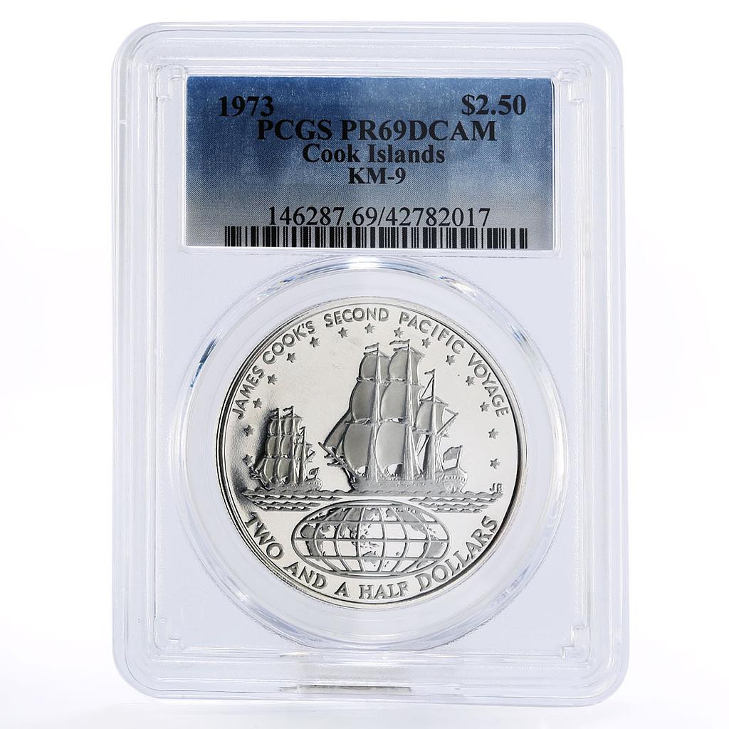 Cook Islands 2,5 dollars Captain Cook's Voyage Ship PR69 PCGS silver coin 1973
