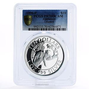 Zimbabwe 10 dollars Wildlife Landmarks Leopard PR70 PCGS proof silver coin 1996