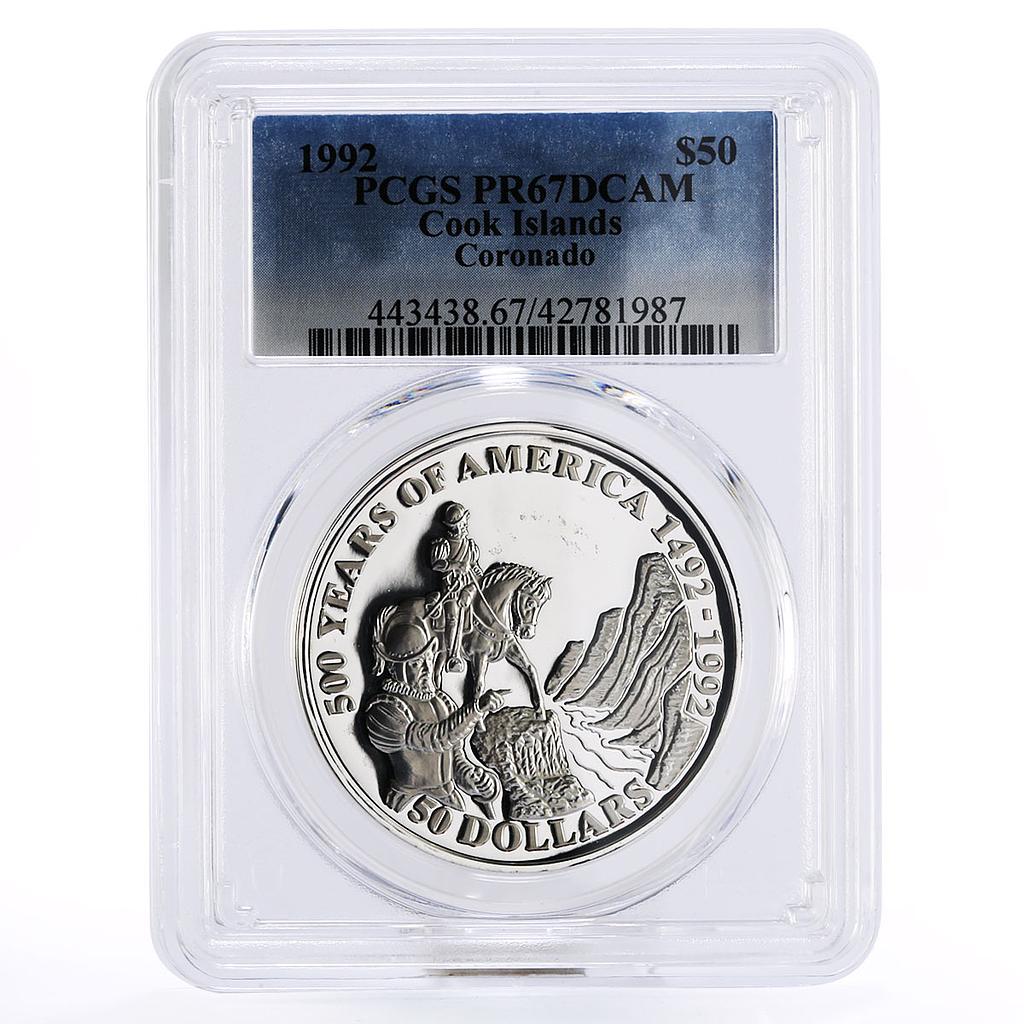 Cook Islands 50 dollars Grand Canyon Spanish Soldiers PR67 PCGS silver coin 1992
