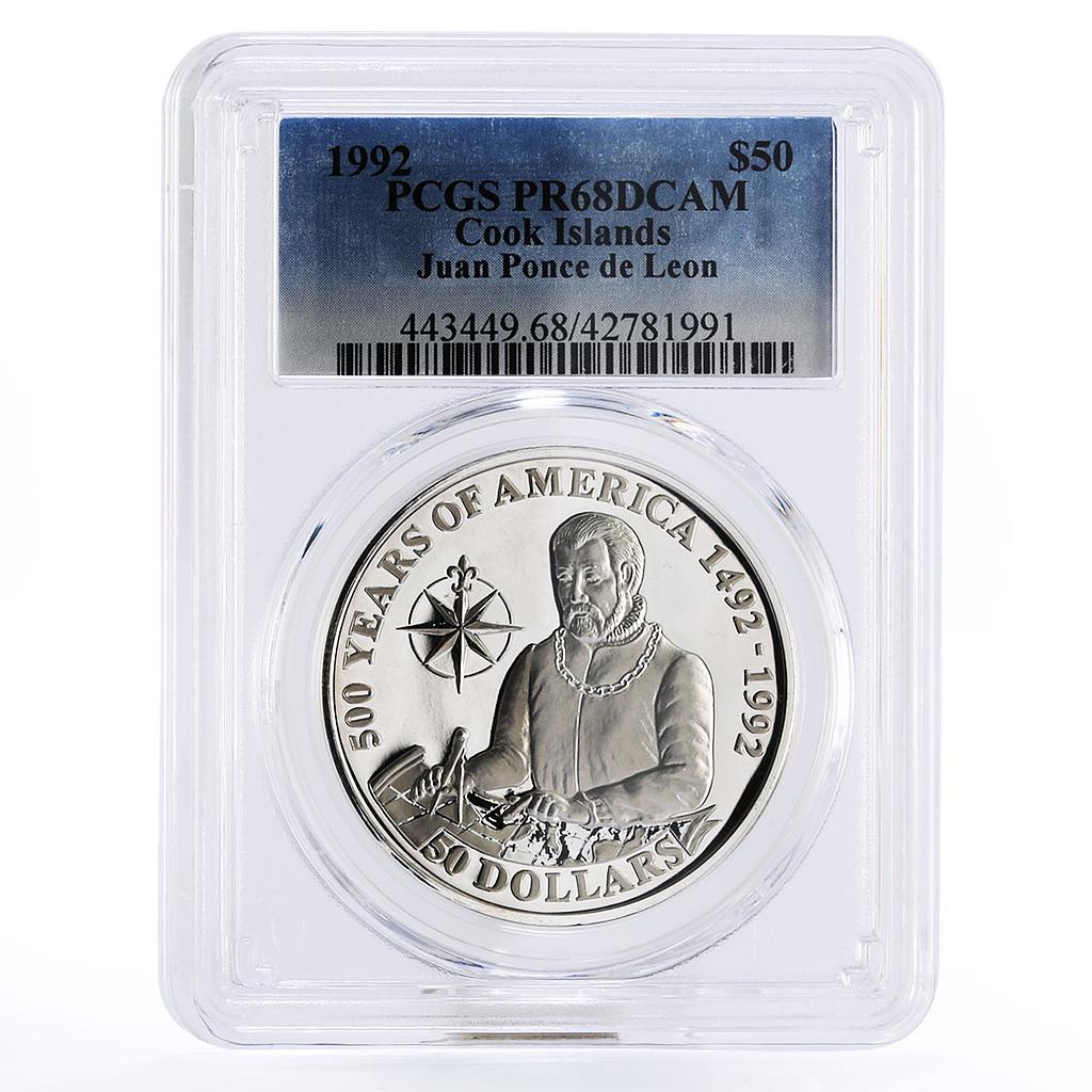 Cook Islands 50 dollars Juan Ponce de Leon Traveller PR68 PCGS silver coin 1992