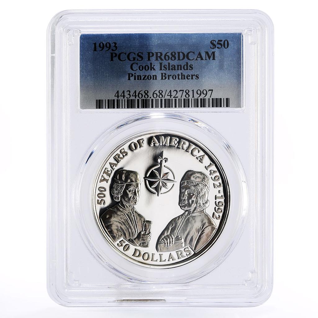 Cook Islands 50 dollars Pinzon Brothers Travellers PR68 PCGS silver coin 1993