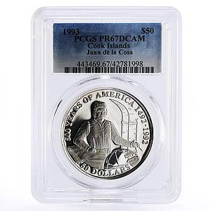 Cook Islands 50 dollars Juan de la Cosa Traveller PR67 PCGS silver coin 1993