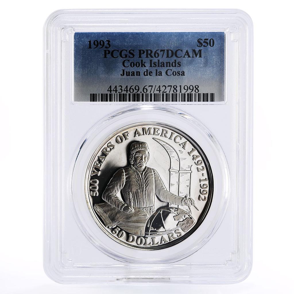 Cook Islands 50 dollars Juan de la Cosa Traveller PR67 PCGS silver coin 1993