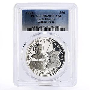 Cook Islands 50 dollars William Penn PR69 PCGS silver coin 1993