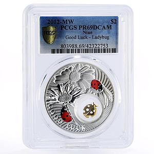 Niue 2 dollars Good Luck series Ladybug PR69 PCGS colored silver coin 2012