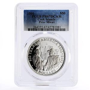 Cook Islands 50 dollars Peter Minuit and an Indian PR67 PCGS silver coin 1991