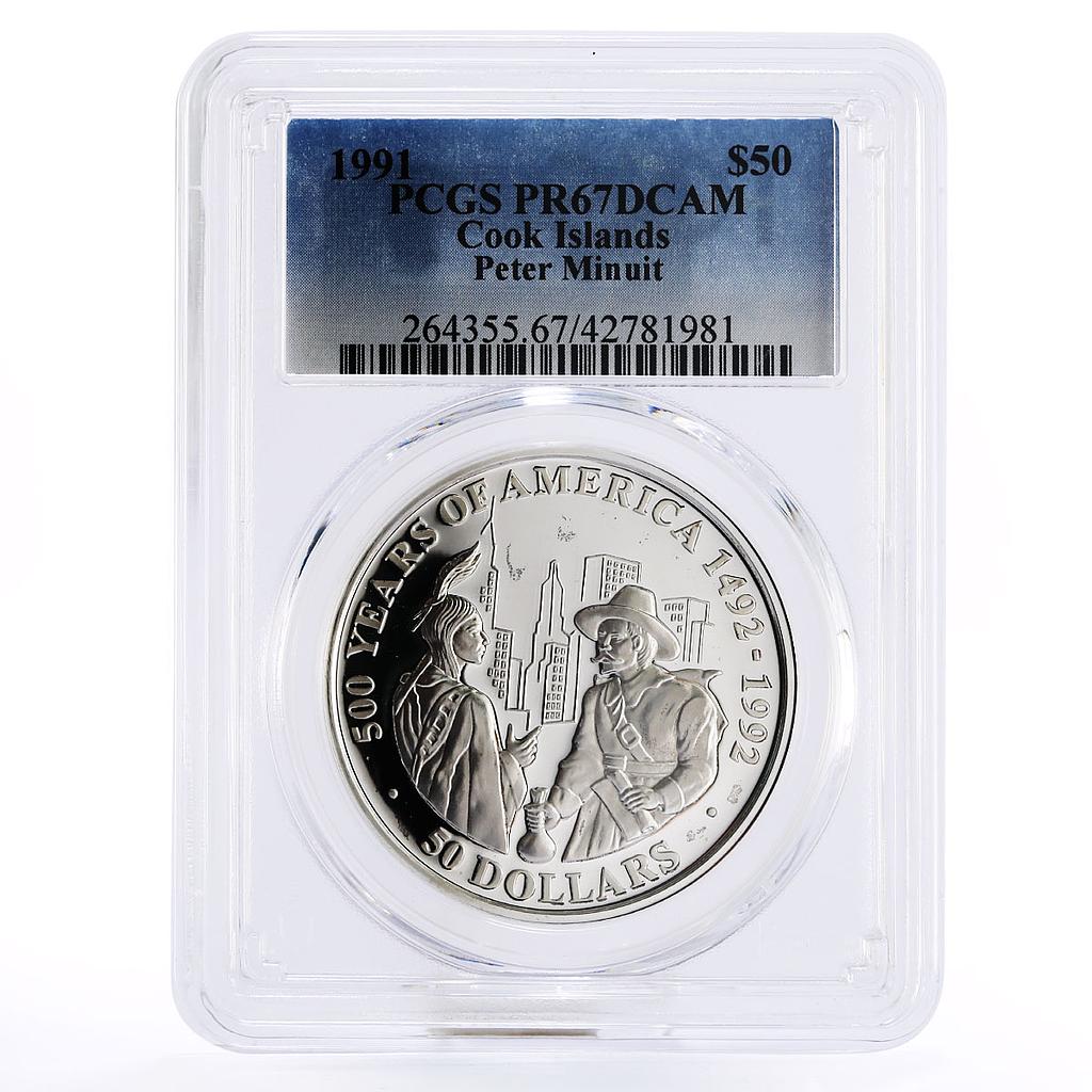 Cook Islands 50 dollars Peter Minuit and an Indian PR67 PCGS silver coin 1991