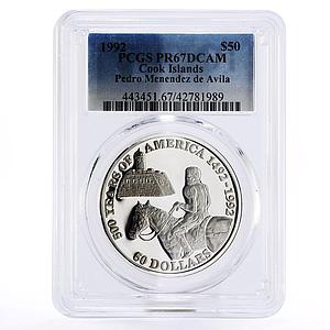 Cook Islands 50 dollars Pedro Menendez de Avila Horse PR67 PCGS silver coin 1992
