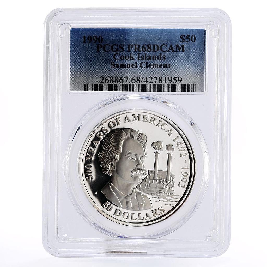 Cook Islands 50 dollars Samuel Clemens PR68 PCGS silver coin 1990