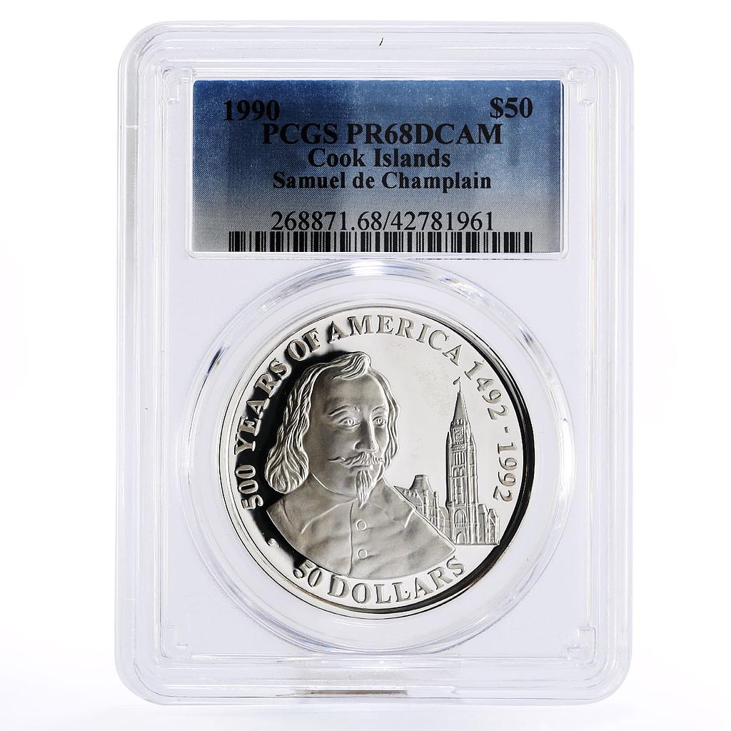 Cook Islands 50 dollars Stateman Samuel de Champlain PR68 PCGS silver coin 1990