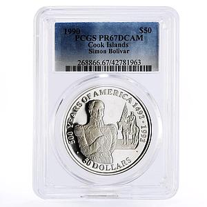 Cook Islands 50 dollars Simon Bolivar PR67 PCGS silver coin 1990