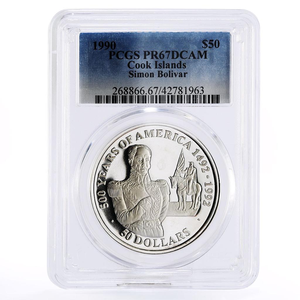 Cook Islands 50 dollars Simon Bolivar PR67 PCGS silver coin 1990