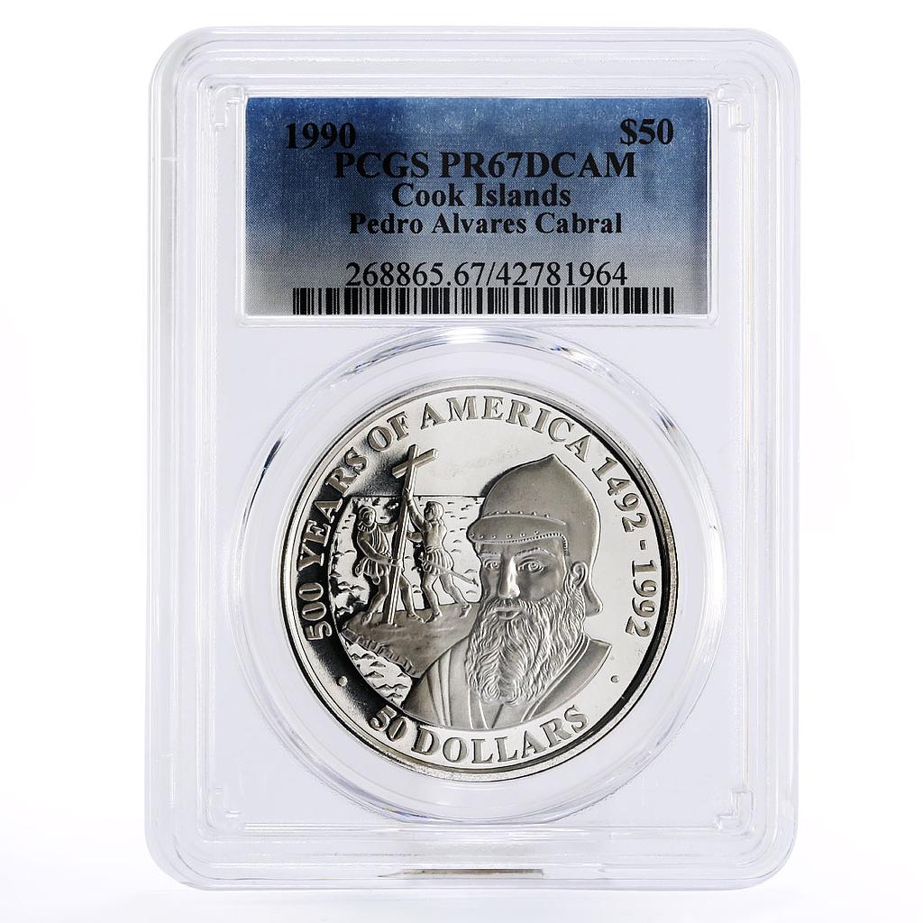 Cook Islands 50 dollars Pedro Alvares Cabral Christ PR67 PCGS silver coin 1990
