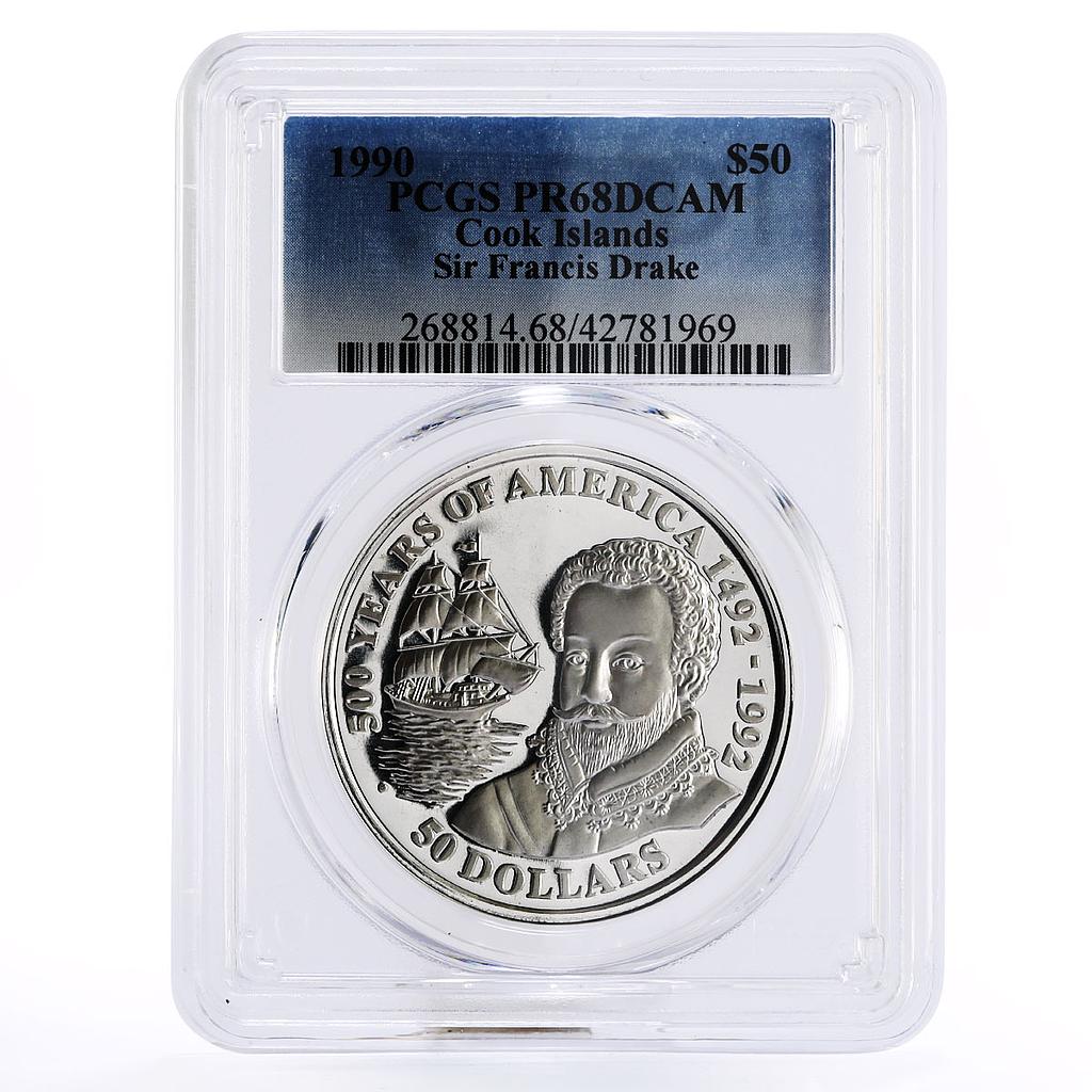 Cook Islands 50 dollars Sir Francis Drake Ship PR68 PCGS silver coin 1990