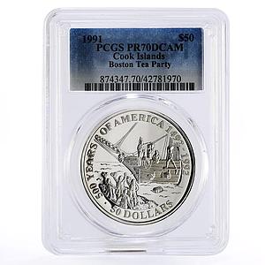 Cook Islands 50 dollars Boston Tea Party Ship PR70 PCGS silver coin 1991