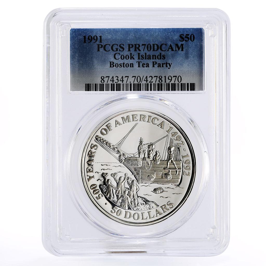 Cook Islands 50 dollars Boston Tea Party Ship PR70 PCGS silver coin 1991