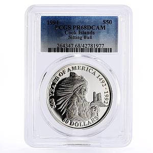 Cook Islands 50 dollars Sitting Bull Indian Chief PR68 PCGS silver coin 1991