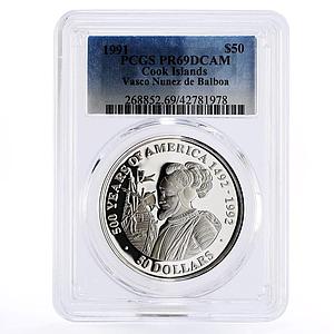Cook Islands 50 dollars Vasco Nunez de Balboa Ship PR69 PCGS silver coin 1991