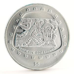Mexico 5 pesos Serpiente con Craneo Snake Skull silver coin 1998