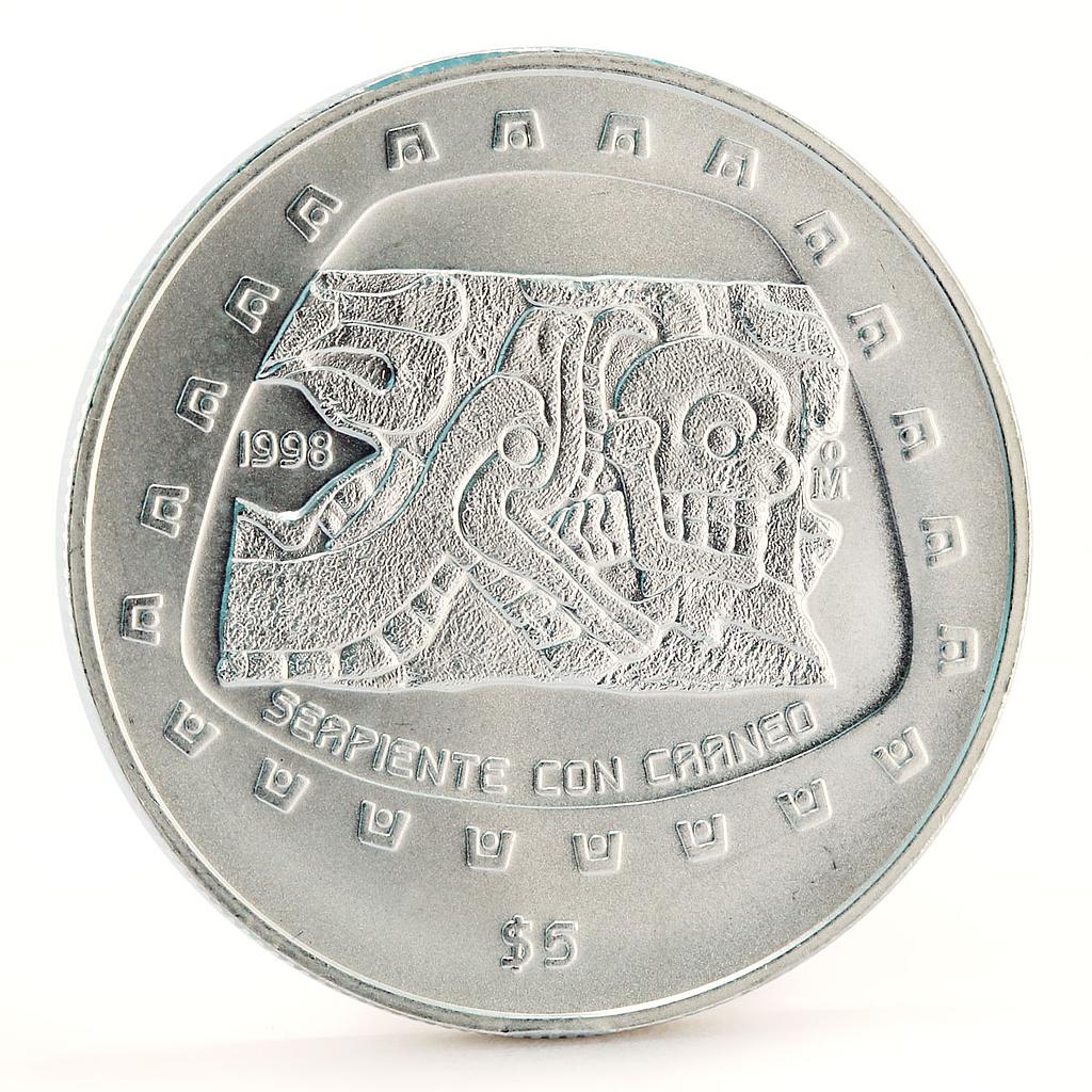 Mexico 5 pesos Serpiente con Craneo Snake Skull silver coin 1998