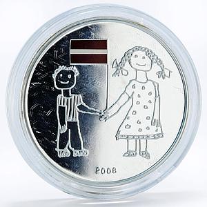 Latvia 1 lats 90 Years of the Statehood Children Latvian Flag silver coin 2008