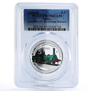 Spain 5 euro Locomotive Barcelona - Matara PR69 PCGS colored silver coin 2020